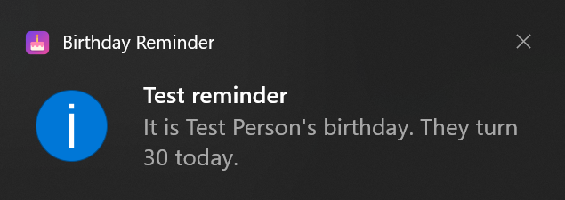En Windows-avisering från Birthday Reminder som berättar att det är någons födelsedag.
